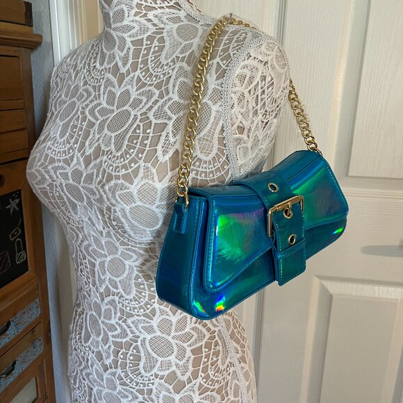 Iridescent Metallic Shiny Aqua Blue - Gold Buckle Crossbody / Chain Straps - NWT - Picture 6 of 10
